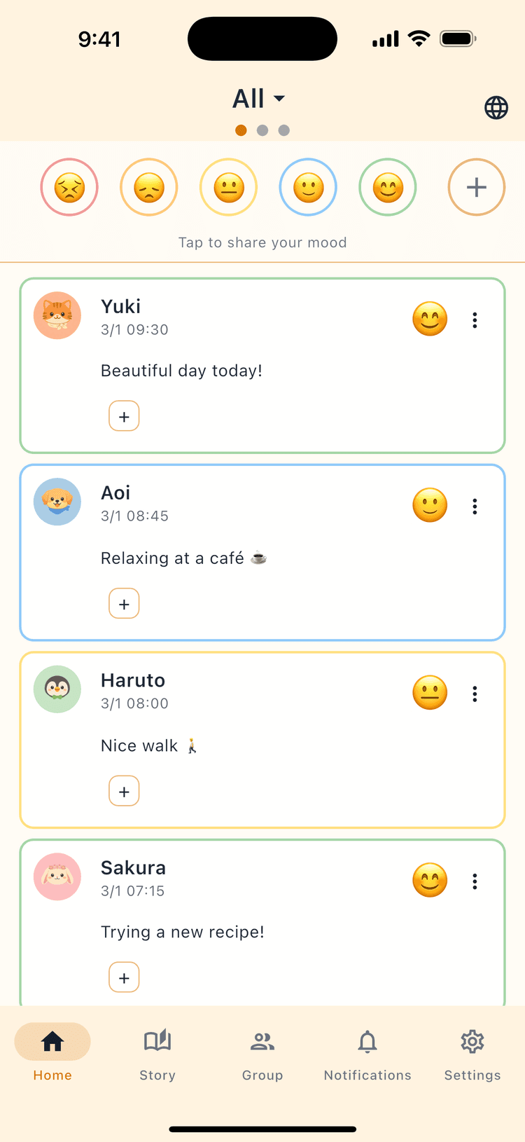 Check your loved ones' mood instantly - One-tap sharing makes it easy every day